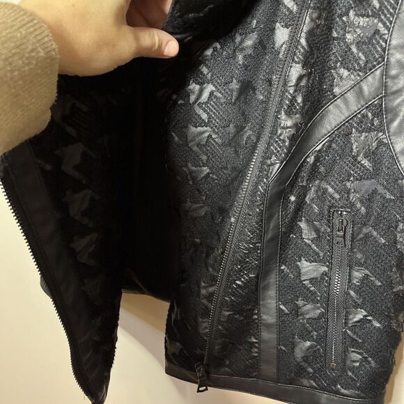 Sam Edelman Vegan Leather Black Houndstooth Moto Vest XS‎ Asymmetric Zip - Picture 6 of 9